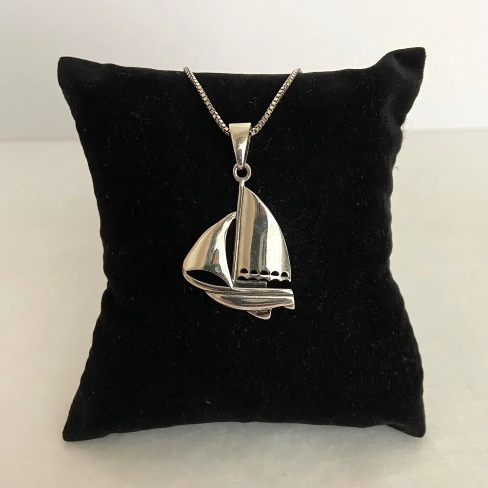 Sterling Silver 925 Unisex Sailboat Nautical Boat Pendant Necklace 20